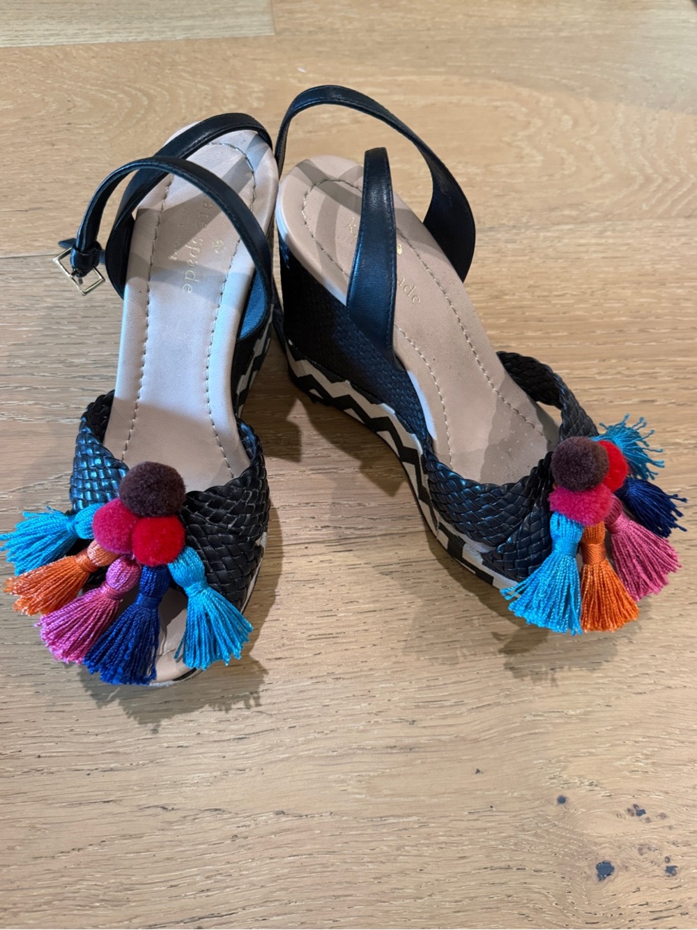 Kate Spade Women’s Black Woven Wedge Sandals with Multicolor Tassels
